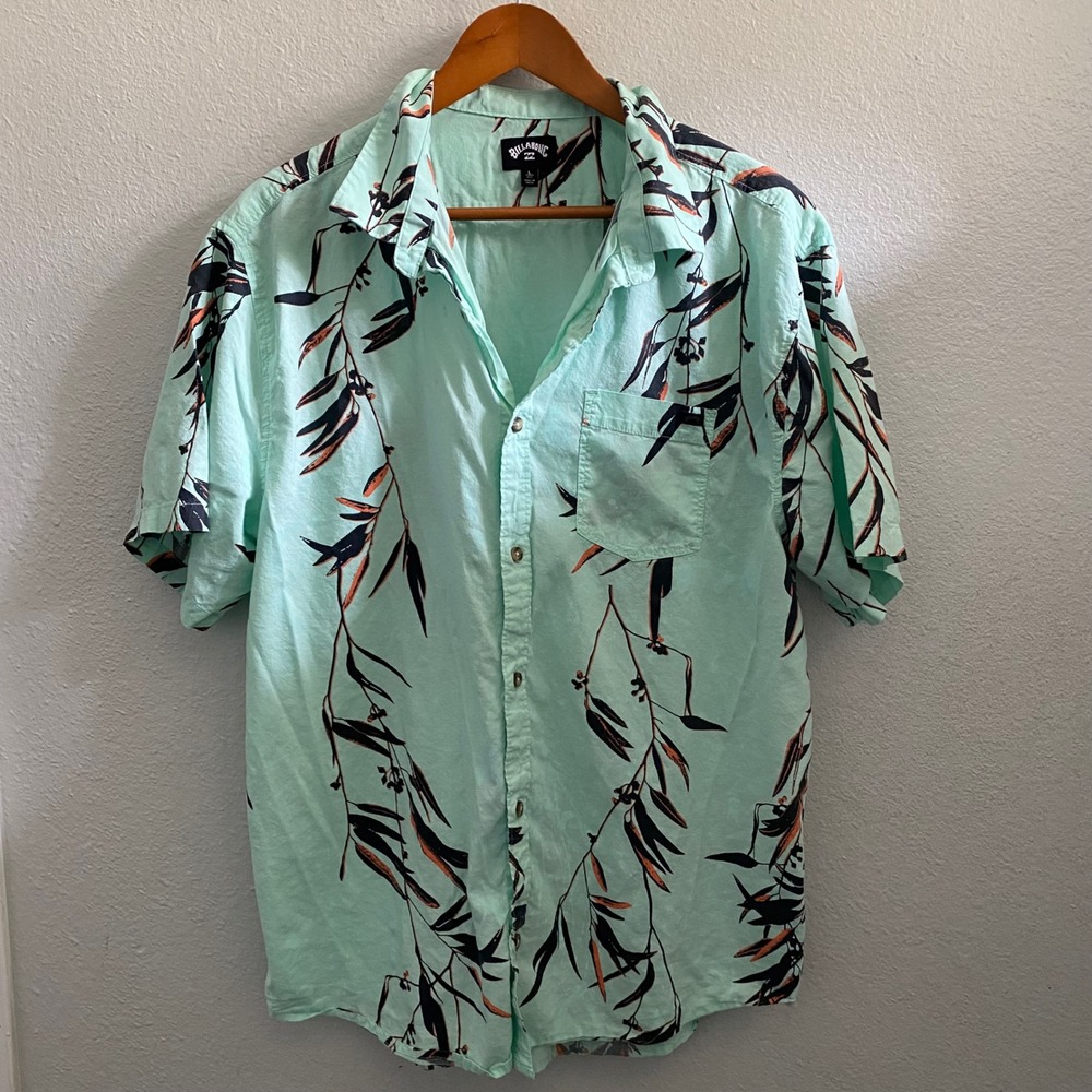 Billabong Mens Mint Green Botanical Leaf Print Short Sleeve Button Down Shirt L